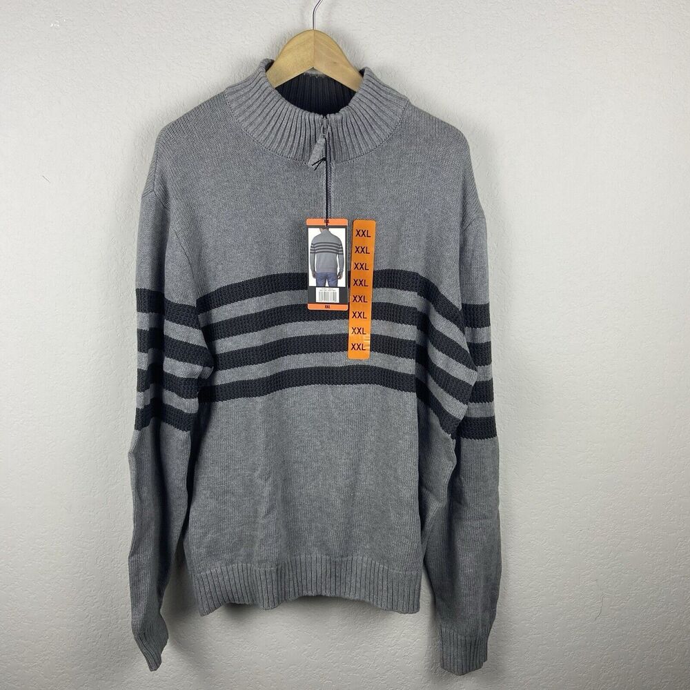 Tahari Sweater Mens XXL Gray Cotton Striped Mock Neck 1/4 Zip Pullover NWT 2XL